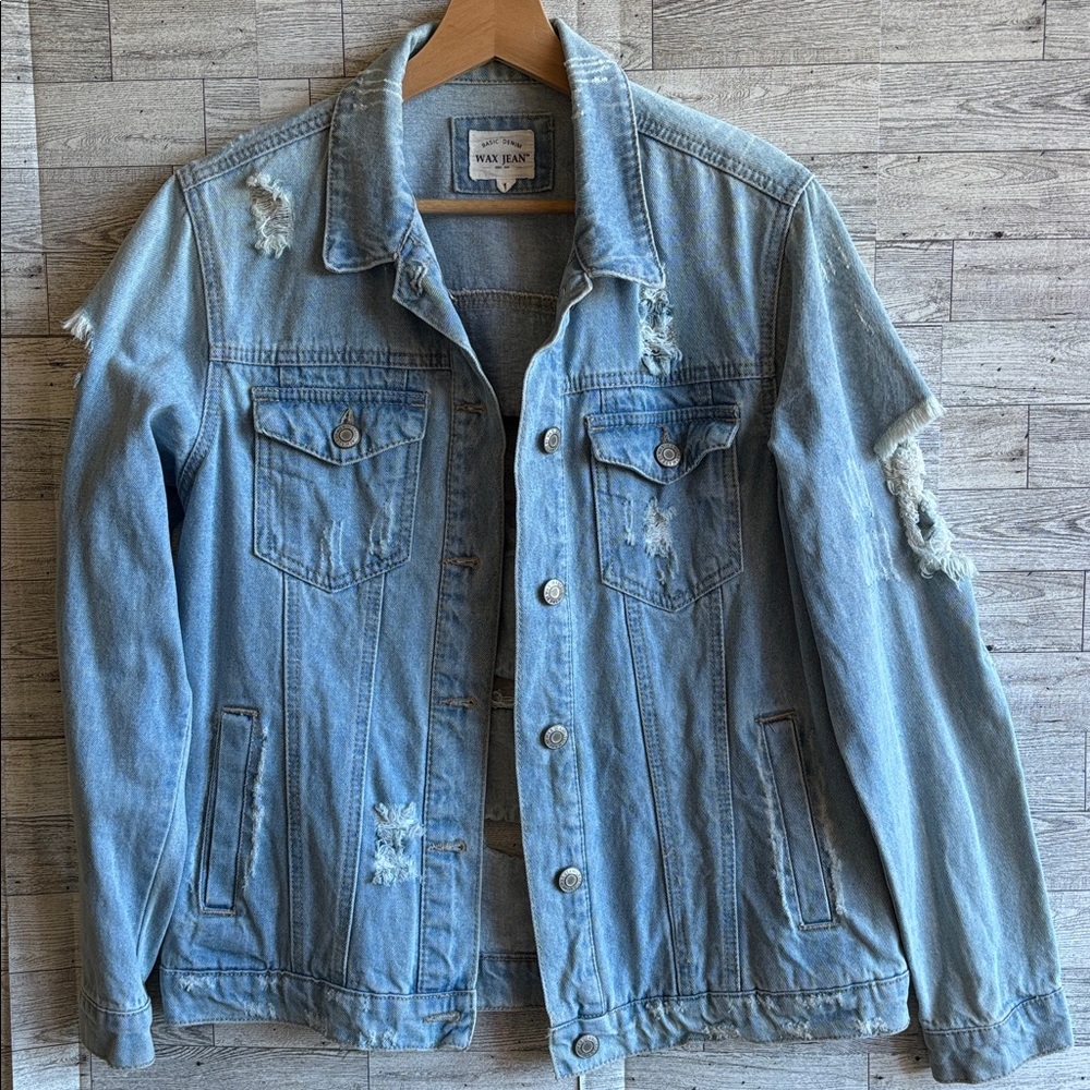 distressed jean‎ jacket Wax Jean women's small light wash denim